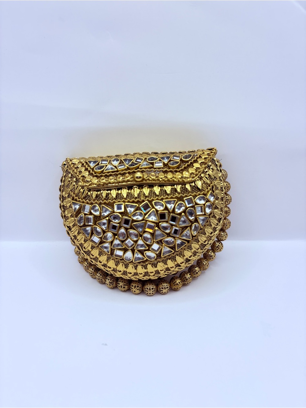 Premium Kundan Mini Gold Metal Embellished Half-Moon Clutch Bag